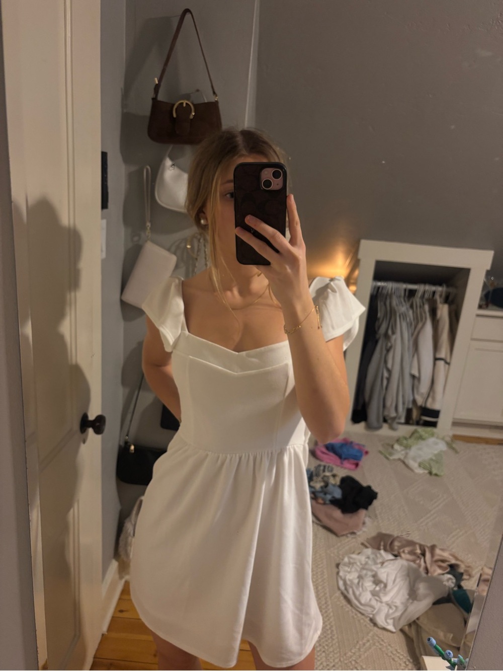 White Puff-Sleeve Mini Dress with Sweetheart Neckline